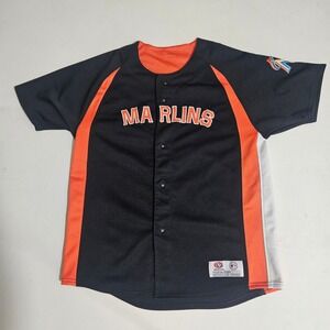 True Fan Miami Marlins Baseball Jersey Black Orange White Button Up Mens Small